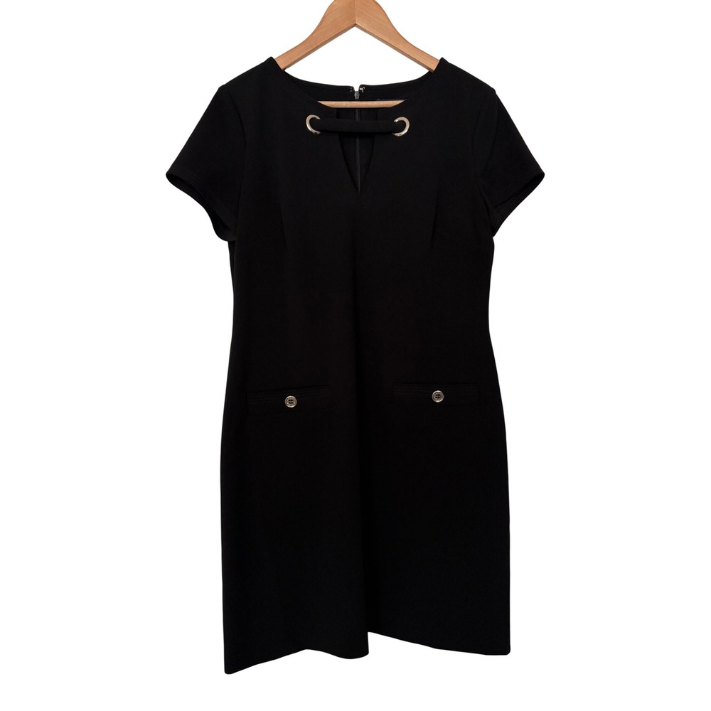 Tommy Hilfiger Gorpcore Womens Black Short Sleeve Grommet Neck Sheath Dress 10